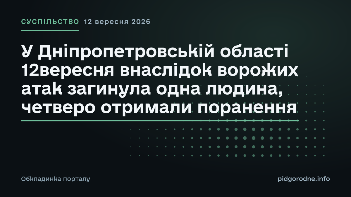 Типографічна обкладинка порталу pidgorodne.info. Рубрика: Суспільство. 12 вересня 2026. На полотні заголовок: «У Дніпропетровській області 12вересня внаслідок ворожих атак загинула одна людина, четверо отримали поранення». Це оформлення видання, а не фотографія з місця події.