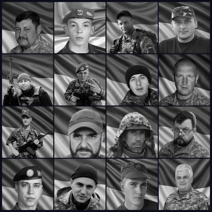 Жива стіна памʼяті: сітка з шістнадцяти портретів загиблих захисників громади, обличчя змінюються — за повний цикл проходять усі 156 у хронології загибелі.