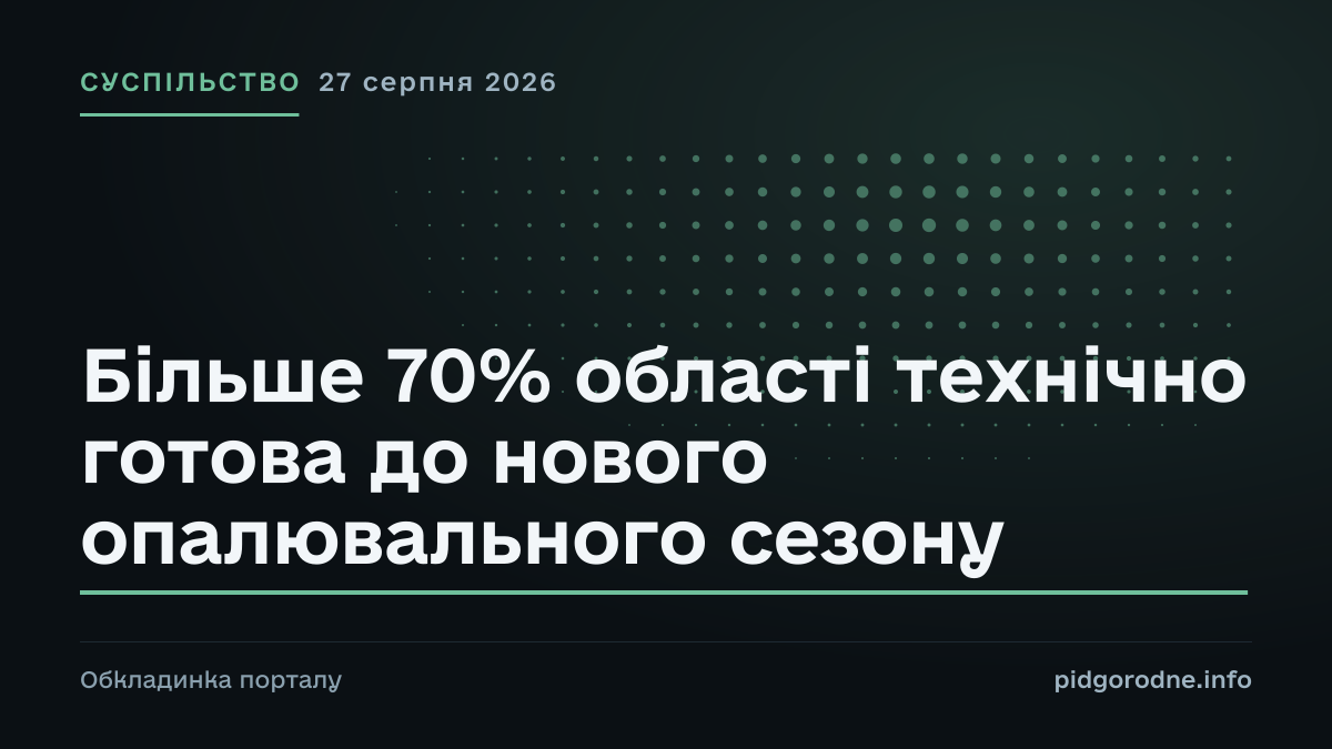 Типографічна обкладинка порталу pidgorodne.info. Рубрика: Суспільство. 27 серпня 2026. На полотні заголовок: «Більше 70% області технічно готова до нового опалювального сезону». Це оформлення видання, а не фотографія з місця події.