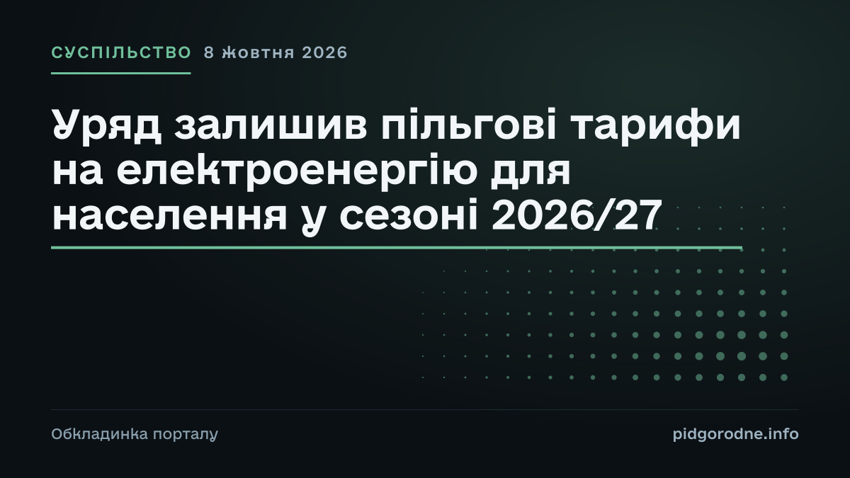 Типографічна обкладинка порталу pidgorodne.info. Рубрика: Суспільство. 8 жовтня 2026. На полотні заголовок: «Уряд залишив пільгові тарифи на електроенергію для населення у сезоні 2026/27». Це оформлення видання, а не фотографія з місця події.