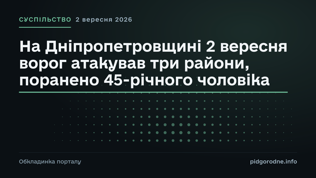 Типографічна обкладинка порталу pidgorodne.info. Рубрика: Суспільство. 2 вересня 2026. На полотні заголовок: «На Дніпропетровщині 2 вересня ворог атакував три райони, поранено 45-річного чоловіка». Це оформлення видання, а не фотографія з місця події.