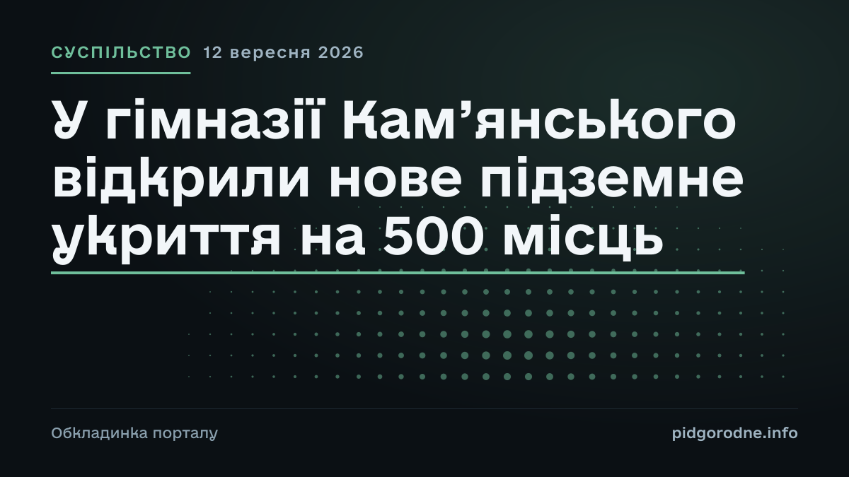 Типографічна обкладинка порталу pidgorodne.info. Рубрика: Суспільство. 12 вересня 2026. На полотні заголовок: «У гімназії Кам’янського відкрили нове підземне укриття на 500 місць». Це оформлення видання, а не фотографія з місця події.