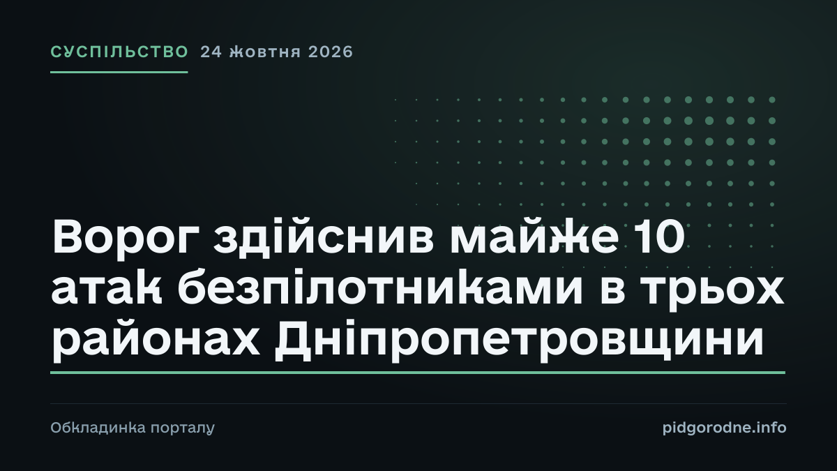 Типографічна обкладинка порталу pidgorodne.info. Рубрика: Суспільство. 24 жовтня 2026. На полотні заголовок: «Ворог здійснив майже 10 атак безпілотниками в трьох районах Дніпропетровщини». Це оформлення видання, а не фотографія з місця події.