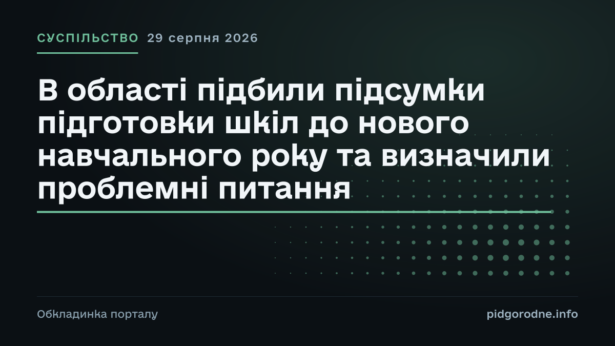 Типографічна обкладинка порталу pidgorodne.info. Рубрика: Суспільство. 29 серпня 2026. На полотні заголовок: «В області підбили підсумки підготовки шкіл до нового навчального року та визначили проблемні питання». Це оформлення видання, а не фотографія з місця події.