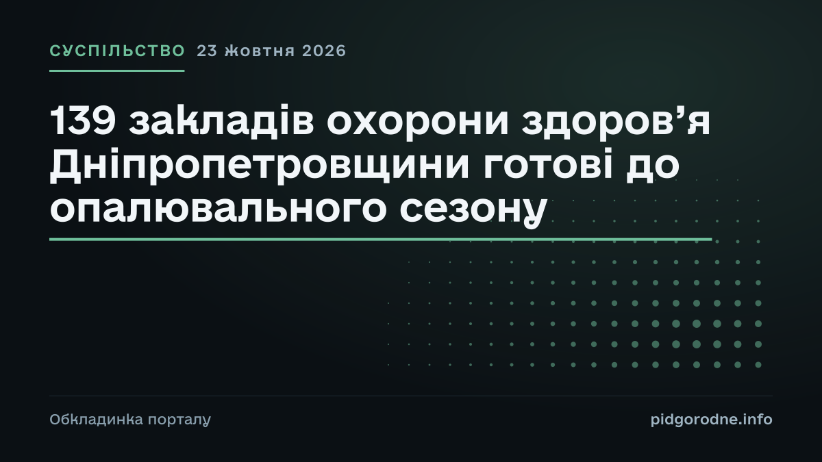 Типографічна обкладинка порталу pidgorodne.info. Рубрика: Суспільство. 23 жовтня 2026. На полотні заголовок: «139 закладів охорони здоров’я Дніпропетровщини готові до опалювального сезону». Це оформлення видання, а не фотографія з місця події.