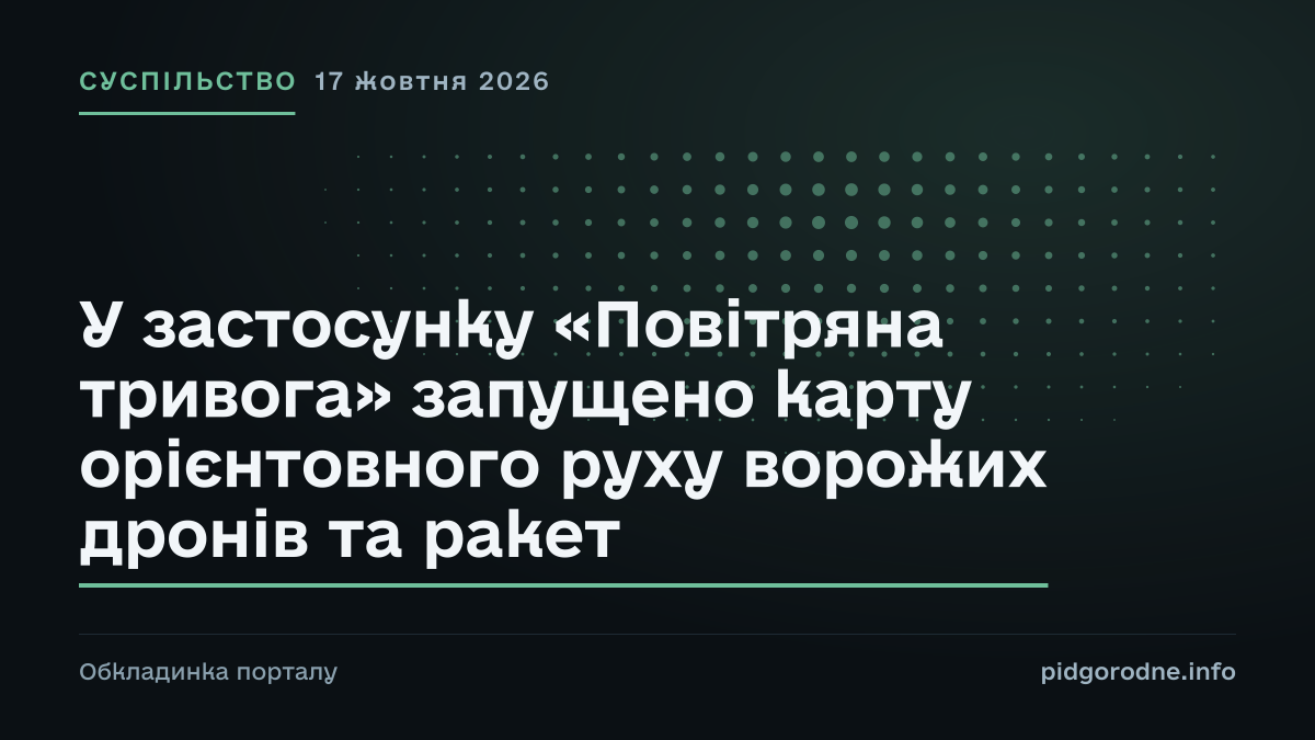 Типографічна обкладинка порталу pidgorodne.info. Рубрика: Суспільство. 17 жовтня 2026. На полотні заголовок: «У застосунку «Повітряна тривога» запущено карту орієнтовного руху ворожих дронів та ракет». Це оформлення видання, а не фотографія з місця події.