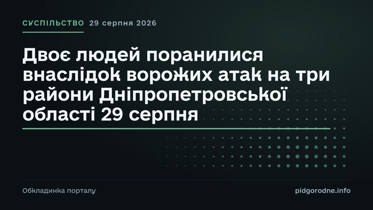 Типографічна обкладинка порталу pidgorodne.info. Рубрика: Суспільство. 29 серпня 2026. На полотні заголовок: «Двоє людей поранилися внаслідок ворожих атак на три райони Дніпропетровської області 29 серпня». Це оформлення видання, а не фотографія з місця події.